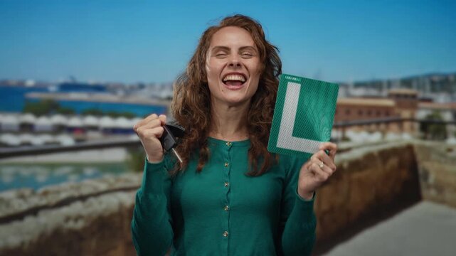 Woman celebrating success by the seaside holding keys and a learner's permit; joyful expression highlights her achievement at the scenic coastal port setting.
