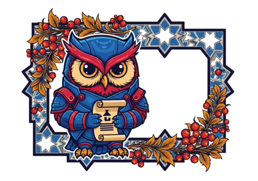 Wise armored owl holding an ancient scroll with decorative berry branches and geometric frame.