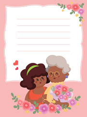 Adult Daughter & Senior Mom Portrait Illustration Card Design Peach Frame