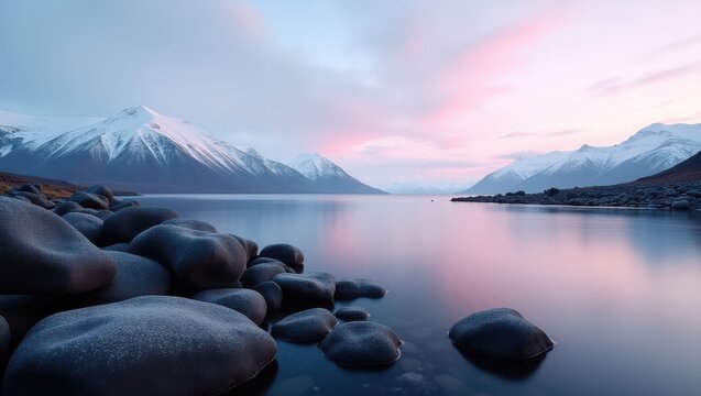 Calm Mountain Lake with Rocky Shoreline and Snow Capped Peaks at Twilight