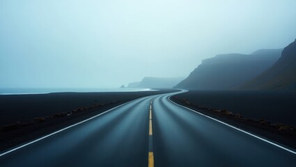 Dramatic Coastal Road in Iceland Black Sand Beach Misty Atmospheric Landscape