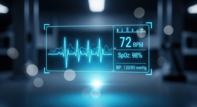 Futuristic medical holographic display showing vital signs, heartbeat, blood pressure, and oxygen levels in modern healthcare setting. - Powered by Adobe