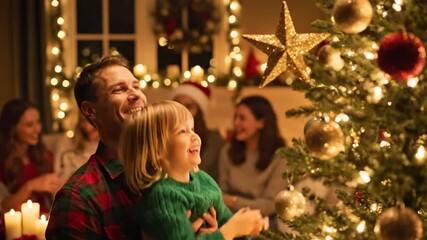 joyful family celebrating christmas with decorated tree and warm lighting in