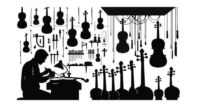 Artisan meticulously crafting a violin in a workshop filled with instruments and tools, showcasing dedication and skill.
