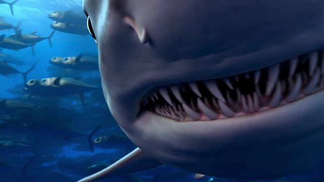 A close-up view of a great white shark, showcasing its formidable teeth, swimming underwater. In the background, there is more marine life Stock Video