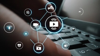 Multimedia technology with video, audio, photo and streaming icons representing digital media, communication and online platforms in a modern multimedia world. Funnel - Powered by Adobe