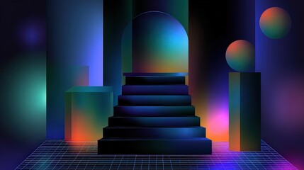 Abstract Neon Glowing Staircase with Geometric Shapes and Dark Background Colorful Gradient and Floating Spheres Modern Digital Art