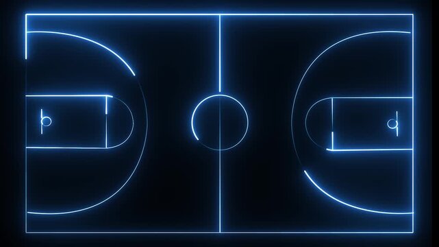 Animated neon blue basketball court lines glowing on a dark background, perfect for sports broadcasts or motion graphics, abstract digital recreation of a game space, looping motion graphics with lumi