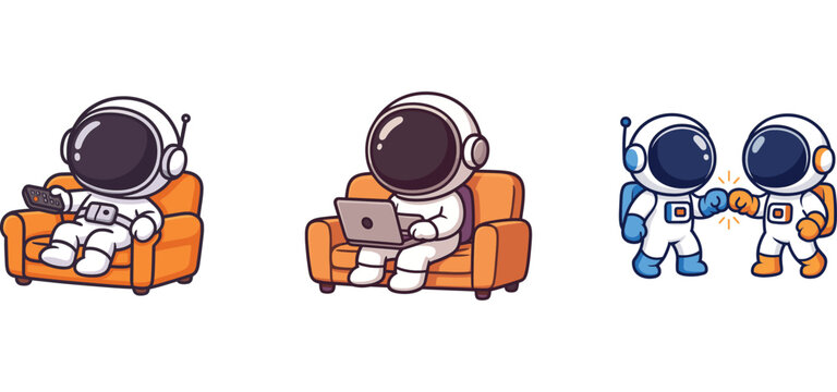 astronaut characters relaxing on sofa and playing with toys