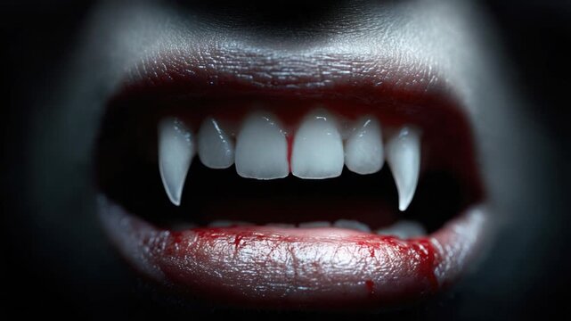 Close-up of vampire fangs, bloody lips, and teeth in darkness
