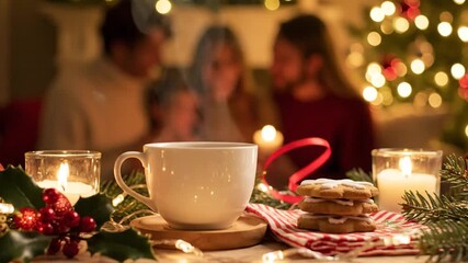 Holiday family gathering around cozy Christmas table with festive decorations