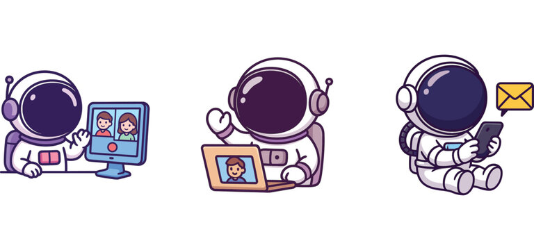 astronaut characters using digital screens and sending letter
