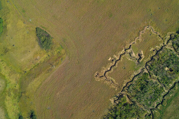 Vertical aerial photograph showing a complex Platoon Strongpoint (VOP) trench network. Earthen military fortification used for defense and field combat strategy. Conflict, war, and history concept.