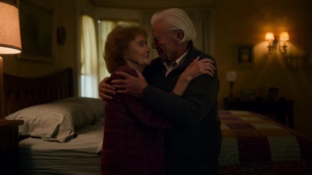 A loving senior couple embracing and sharing an intimate moment in a cozy bedroom setting. The warmth of the lighting adds to the tender atmosphere. Stock Video