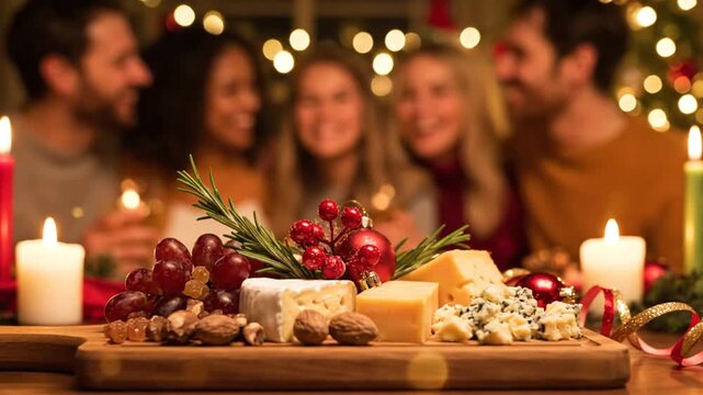 Festive gathering with friends celebrating holiday season around a cheese