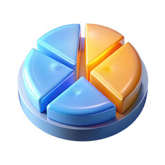 3d rendering of a blue and orange pie chart divided into six segments, representing data division and analysis, isolated on transparent background