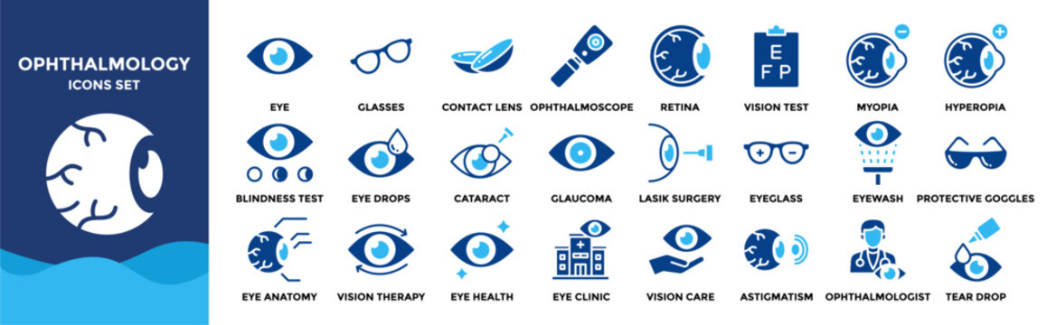 Ophthalmology icon collection set. Containing design Eye, Glasses, Contact Lens, Ophthalmoscope, Cornea, Retina	