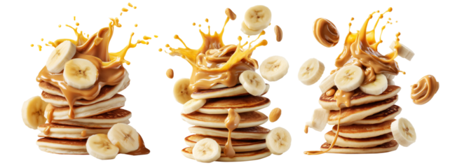 Stack of pancakes topped with banana slices and peanut butter splash isolated on white transparent background