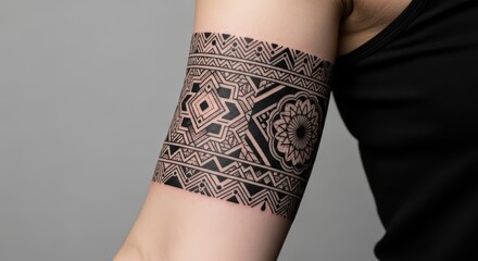Intricate geometric tattoo design on caucasian female arm in black ink