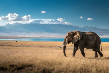 Majestic african elephant walks across a vast savanna landscape with snow capped mountains and a tranquil lake under a dramatic blue sky with scattered clouds