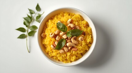 Delicious indian lemon rice with cashews and curry leaves