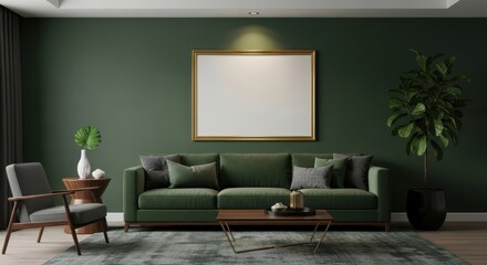 Modern living room with green walls and stylish furniture including sofa and plants