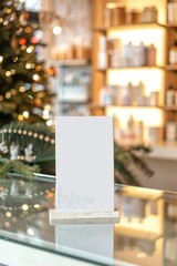 Blank card mockup in festive christmas and new year setting for holiday designs. White poster, Christmas background. Template for pharmacy, drugstore, cosmetics store. Vertical banner. Copy space