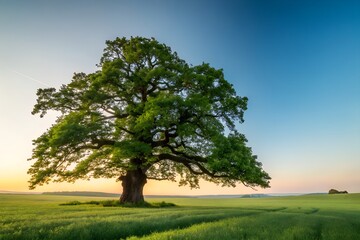 Fototapeta premium Majestic ancient oak tree stands alone in a vibrant green grassy field under a clear blue sky at sunrise with soft golden light illuminating the horizon