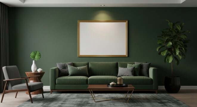 Modern living room with green walls and stylish furniture including sofa and plants