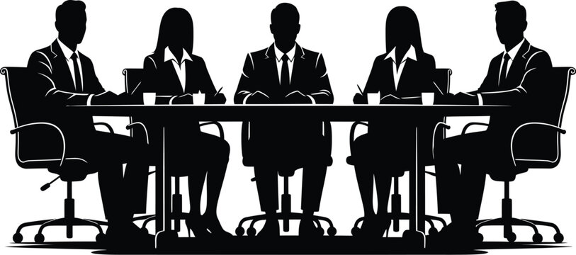 Silhouette illustration of a business meeting with five people sitting around a table in suits
