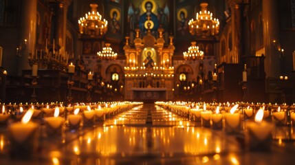 Orthodox Christmas celebration with candlelight in a traditional church setting. Horizontal banner. Copy space. Free space for text. Burning candles in Orthodox churh