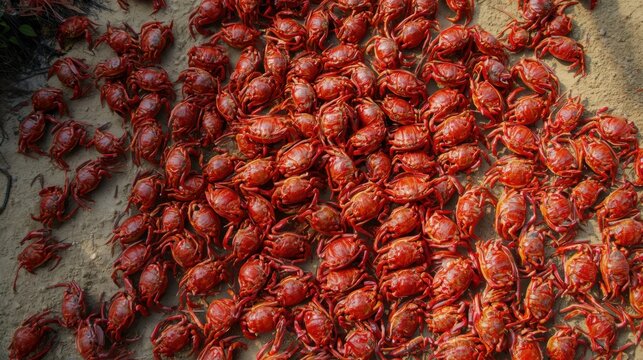 Close up overhead view of a large pile of cooked red crawfish