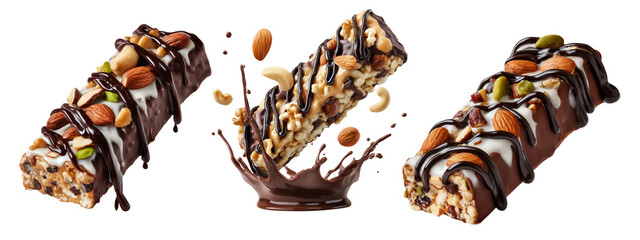 Chocolate coated nut protein energy fitness bar topped with almonds, cashews, walnuts, and chocolate drizzle on white