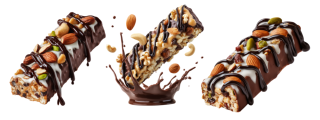 Chocolate coated nut protein energy fitness bar topped with almonds, cashews, walnuts, and chocolate drizzle on white