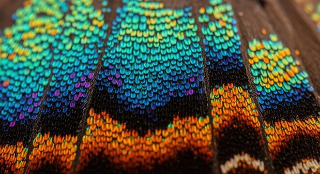 Intricate macro view of a butterfly wing displaying vibrant iridescent scales in a gradient of colors