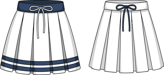 Pleated skirt fashion sketch, front view comparison, bow waistband detail, uniform style variation, apparel flat vector illustration