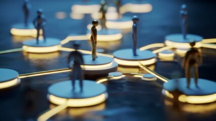Close-up shot of an abstract digital network featuring miniature figures standing on glowing platforms, connected by golden lines against a blue background. 