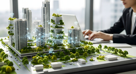 Urban planner working on a futuristic green city model with integrated digital technology for a sustainable future