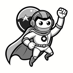 **Searchable SEO Title:**  
Cute Superhero Mascot Character – Black and White Cartoon Hero with Cape Vector

**45 concise single-word keywords:**  
superhero, hero, mascot, cartoon, character, cape, m