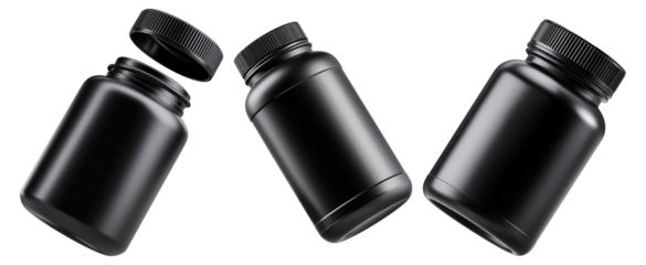 Black plastic pill or supplement container with screw cap on white background, concept of packaging and product branding