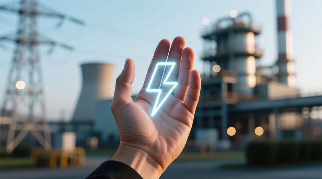 Hand holds glowing lightning symbol over factory