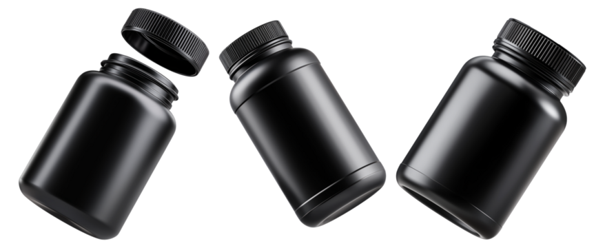 Black plastic pill or supplement container with screw cap on white background, concept of packaging and product branding - Powered by Adobe
