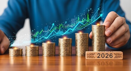 Increasing stacks of coins overlaid with a glowing blue and green growth chart, symbolizing financial success and investment goals for 2026