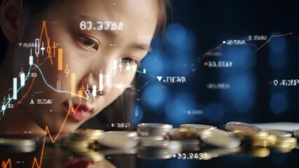 An Asian woman analyzes financial data near coins against a bokeh background, focusing on stock market trends, investment analysis, data visualization, and modern finance. - Powered by Adobe
