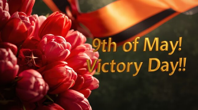 Red tulips and victory day celebration with orange ribbon