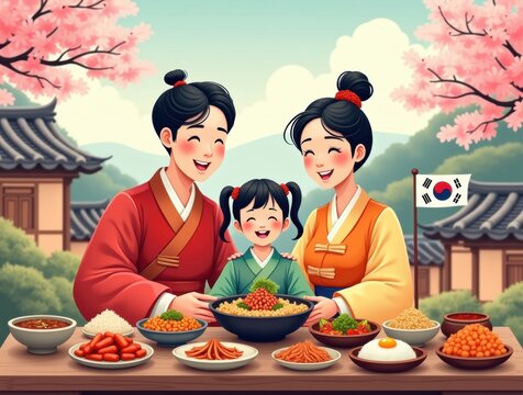 Happy korean family enjoying a traditional meal outdoors