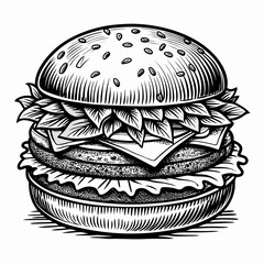 **Searchable SEO Title:**  
Vintage Burger Illustration – Detailed Black and White Hamburger Drawing Vector

**45 concise single-word keywords:**  
burger, hamburger, cheeseburger, beefburger, fastfoo