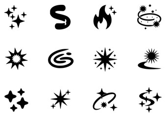 Collection of Starbursts, Swirls, and Fire Icons on White Background