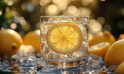Refreshing lemonade drink with lemon slice and ice cubes on background