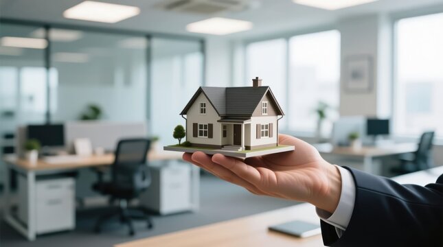 Hand holds tiny house model in office
